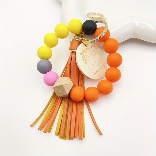 Chic Multicolor Silicone Beaded Keychain with Faux Leather Tassel & 'MAMA' Wooden Charm - Perfect Mother's Day Gift
