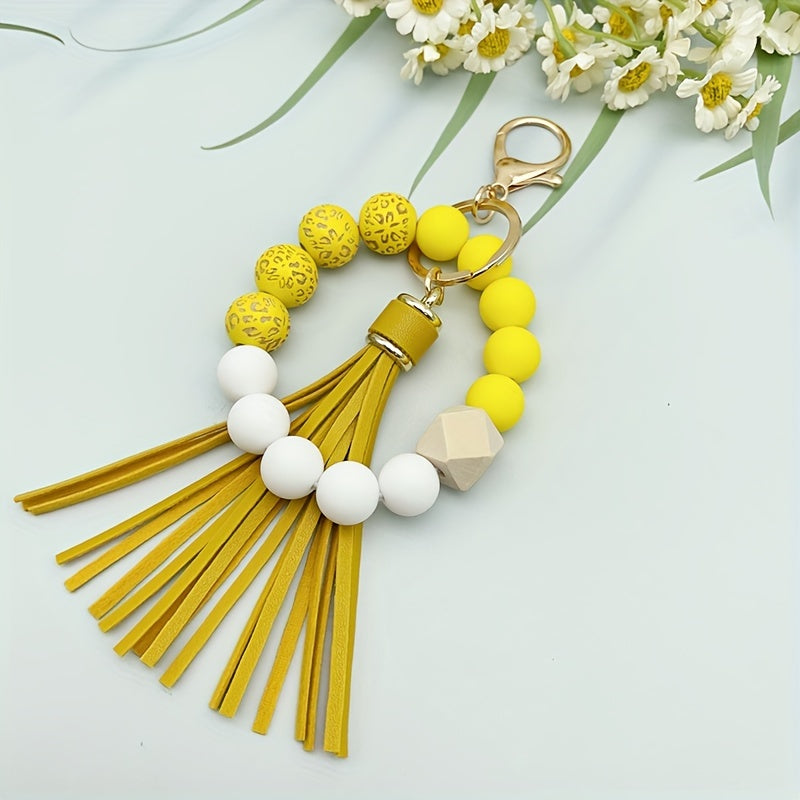 Leopard Silicone Beaded Bracelet Wristlet Keychain Fashion Bangle Key Chain Bag Charm Phone Lanyard Earbud Case Cover Accessories Women Female Gift