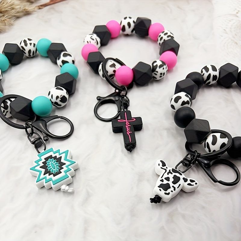 Silicone Bead Keychain, Western Cow Print, Cross & Geometric Charms, Unisex, Gift For Friends & Parents, Trendy Accessory