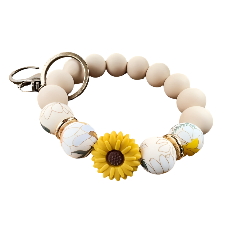 Hemasa Silicone Beaded Keychain with Floral and Daisy Prints  Key Ring with Lobster Clasp / Ladies Wristlet Key Holder for Mom & Teacher