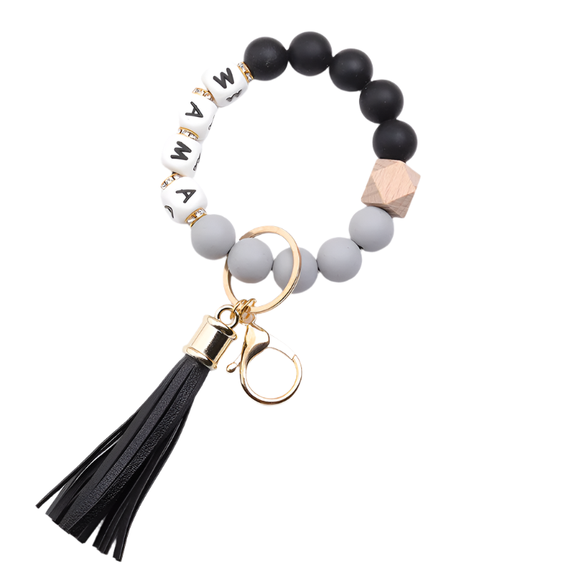 Hemasa MAMA Silicone Beaded Bracelet Keychain Tassel Key Ring/ Purse Bag/ Backpack Car Charm