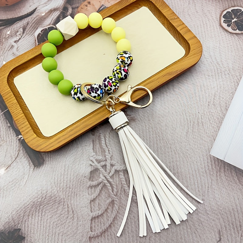 1pc Color Block Silicone Beaded Bracelet Wristlet Keychain Fashion Bag Charm Phone Lanyard Bangle Key Chain Women daily use Gift