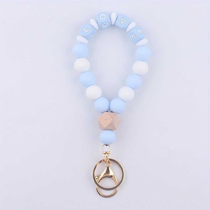 One Pack LOVE Macaron Colorful Keychain Wristband Keychain Elastic Beaded Portable Wristband Bracelet Keychain Car Keychain
