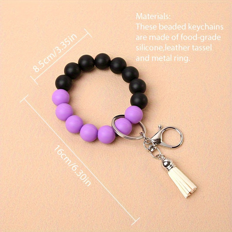 1pc Elastic Keychain Bracelet Wristband, Fashionable Silicone Beaded Keychain Bracelet, Tassel Keychain Bracelet Beaded Wristband Keychain Portable Home Car Key Ring Holder