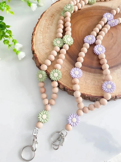 Wooden beads with silicone Daisy Flower beads -Lanyards for Keys & ID Card Holders