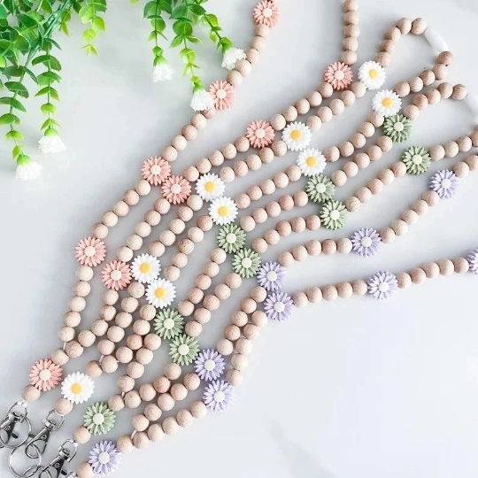 Wooden beads with silicone Daisy Flower beads -Lanyards for Keys & ID Card Holders