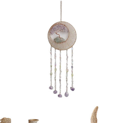 Hemasa Crystal Natural Gemstone Tree of Life Healing Pink Quartz 7 Chakras Grave Agate Stones Reiki Moon Suncatcher Hanging Home Decor