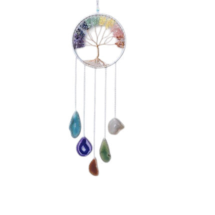 Hemasa Crystal Natural Gemstone Tree of Life Healing Pink Quartz 7 Chakras Grave Agate Stones Reiki Moon Suncatcher Hanging Home Decor