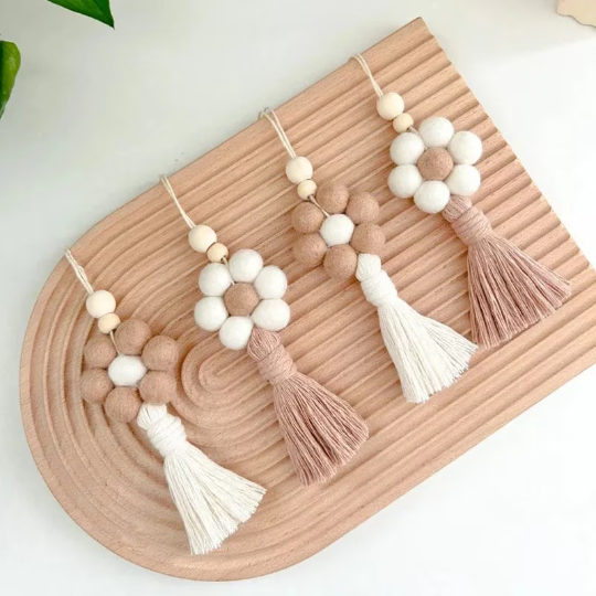 Felt Ball Daisy flower car hangging with Macrame Tassel,Essential Oil Car Diffuser Car Vent Diffuser Car Charm Diffuser Boho Car Decor
