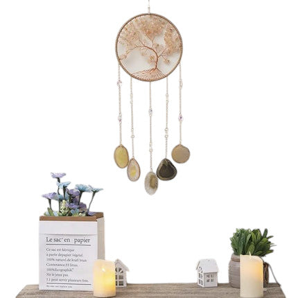 Hemasa Crystal Natural Gemstone Tree of Life Healing Pink Quartz 7 Chakras Grave Agate Stones Reiki Moon Suncatcher Hanging Home Decor