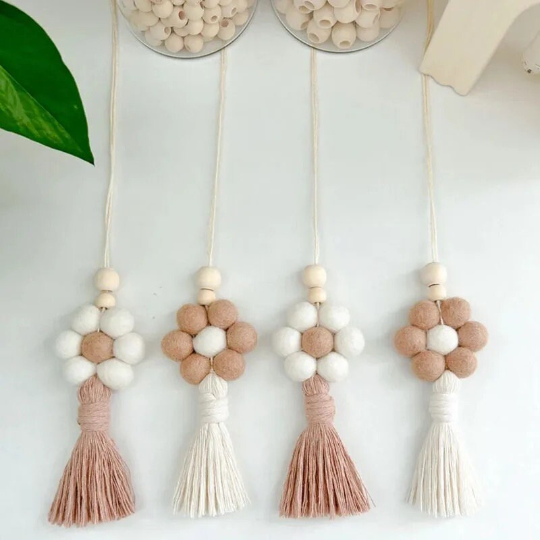 Felt Ball Daisy flower car hangging with Macrame Tassel,Essential Oil Car Diffuser Car Vent Diffuser Car Charm Diffuser Boho Car Decor