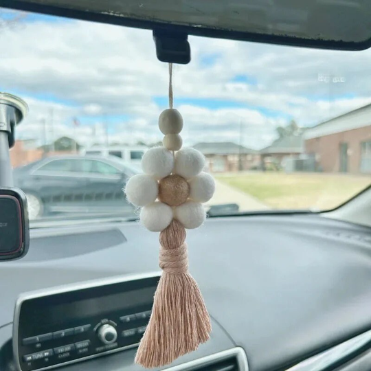 Felt Ball Daisy flower car hangging with Macrame Tassel,Essential Oil Car Diffuser Car Vent Diffuser Car Charm Diffuser Boho Car Decor