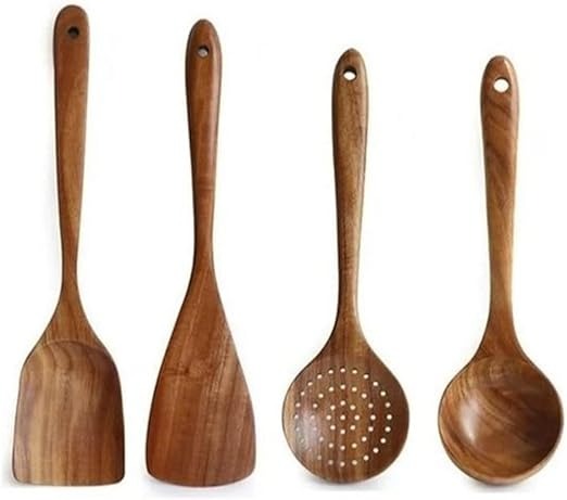 Hemasa  4Pcs  Teak Natural Wood Tableware Spoon Ladle Turner Long Rice Colander Soup Skimmer Cooking Spoons