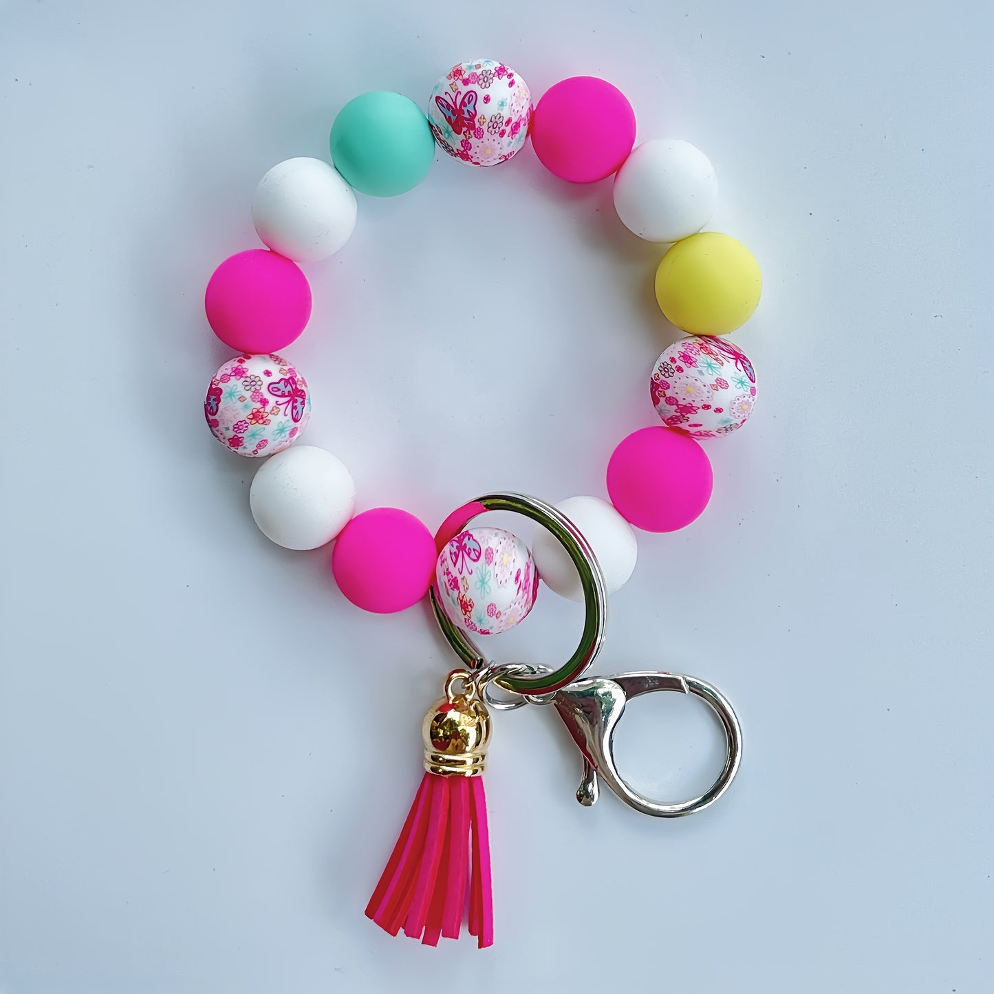 Festive 2024 Birthday Keychain: Elegant Lady's Silicone Beaded Bracelet with Pink Tassel and Golden Charm