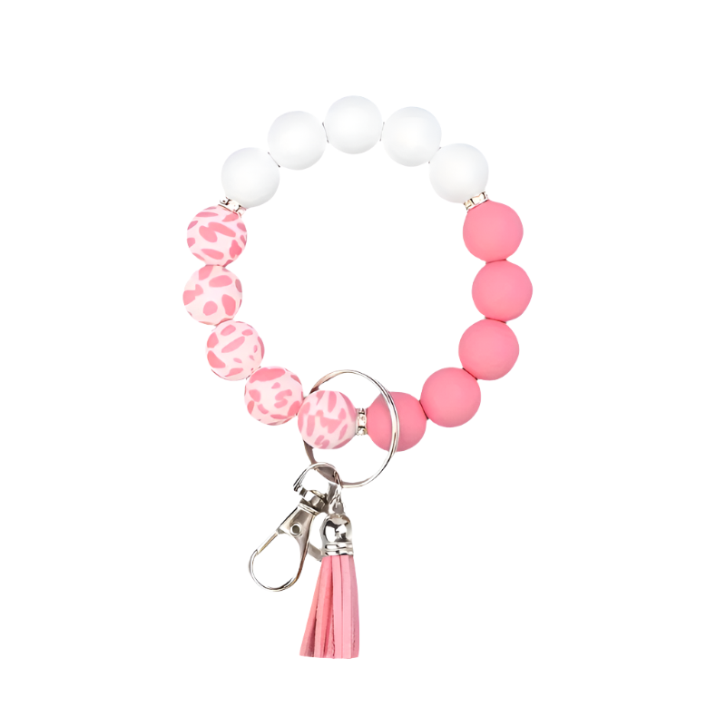 Hemasa Silicone Beaded Keychain with PU Leather Tassel, Leopard Print Car Key Ring