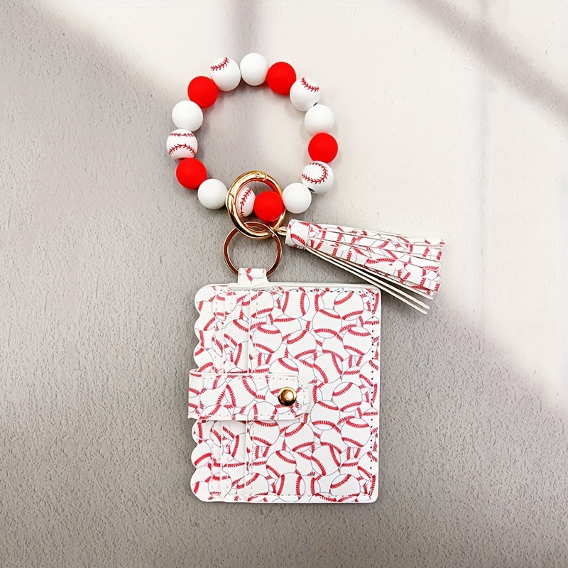 Sporty Chic Beaded Silicone Bracelet Keychain with Coin Purse - Faux Leather, Tassel Accent, Lobster Clasp - Perfect Gift for Women