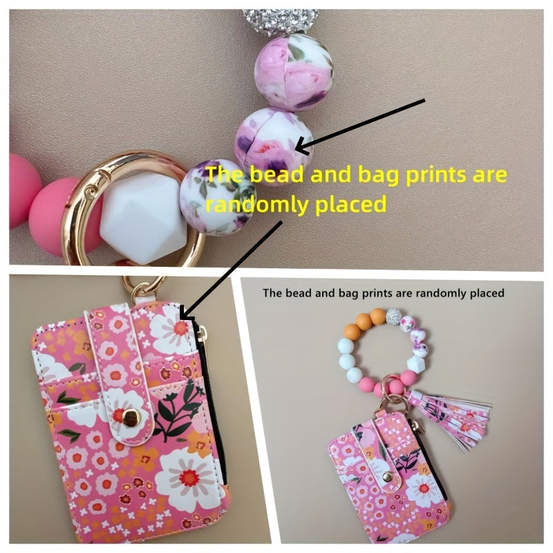 Hemasa Leather Key Chain, Floral Fringe Card Bag Anti-loss Key Chain Pendant