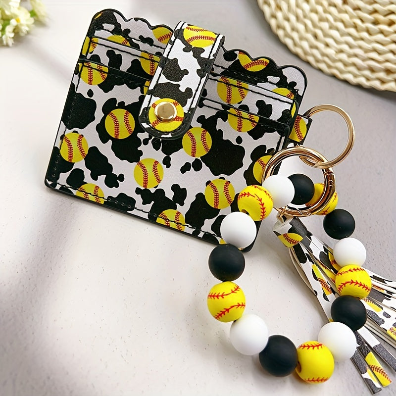Sporty Chic Beaded Silicone Bracelet Keychain with Coin Purse - Faux Leather, Tassel Accent, Lobster Clasp - Perfect Gift for Women