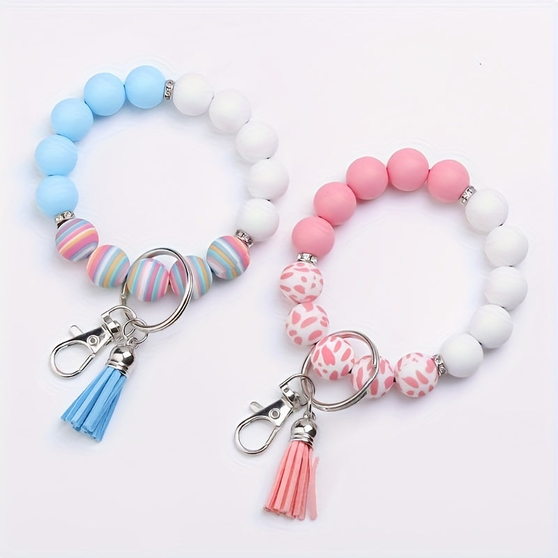 Hemasa Silicone Beaded Keychain with PU Leather Tassel, Leopard Print Car Key Ring