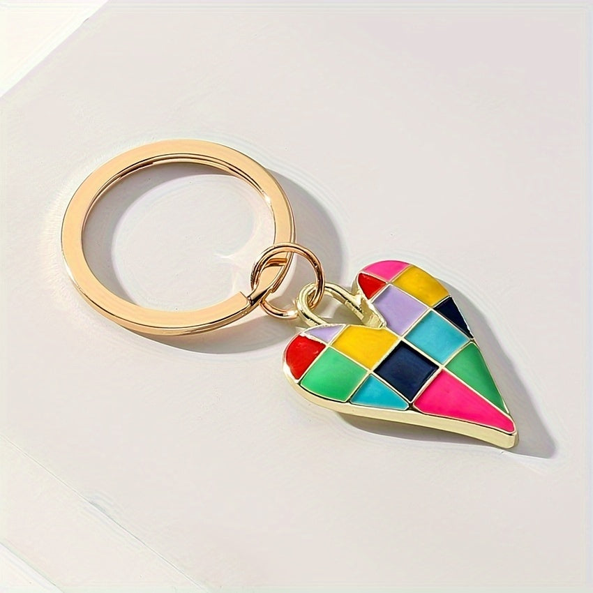 1pc Checkered Heart Shaped Keychain Colorful Alloy Key Chain Ring Bag Backpack Charm Car Key Pendant Gift