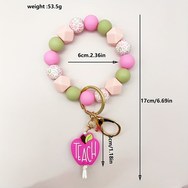 1pc Silicone Bead Keychain With Leopard Print & Pink Apple "TEACH", Cute Fresh Colorful Key Ring, Anti-Lost Bag & Car Key Charm, Perfect For Female Teachers