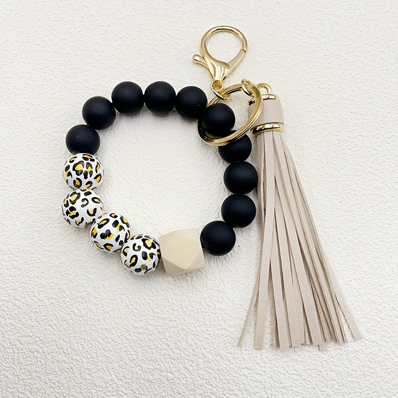 Hemasa Leopard Silicone Wooden Beaded Wristlet Keychain With PU Leather Tassel /Phone Lanyard Bangle Keychain