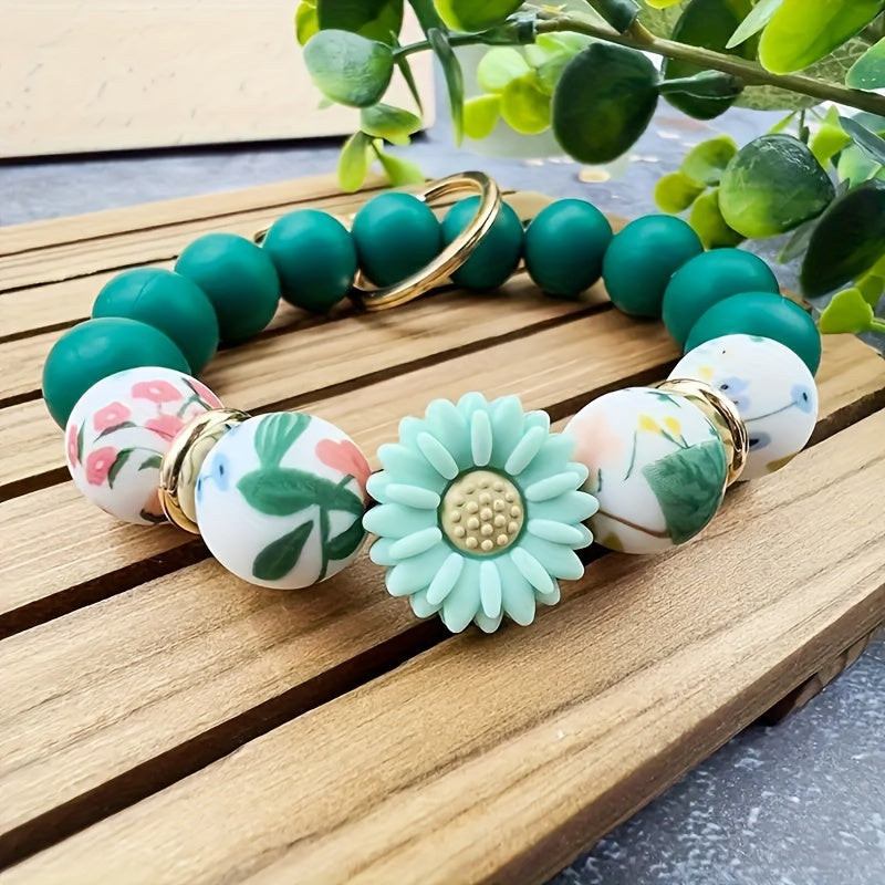 Bohemian Silicone Beaded Keychain, Sunflower And Daisy Print - Plant Theme Keychain with Lobster Clasp Women'S Bracelet Wristband Keychain Bag Pendant Keychain, a Great Gift for Friends