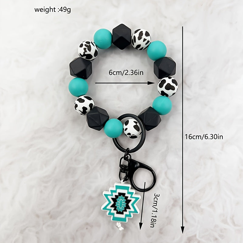 Silicone Bead Keychain, Western Cow Print, Cross & Geometric Charms, Unisex, Gift For Friends & Parents, Trendy Accessory