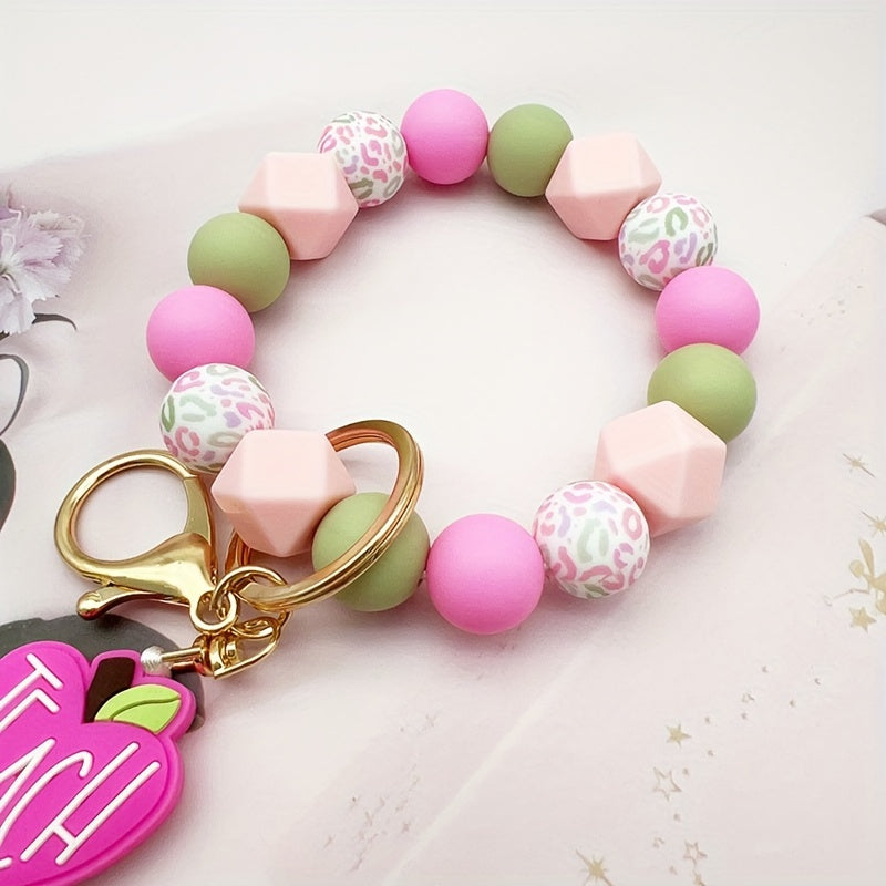 1pc Silicone Bead Keychain With Leopard Print & Pink Apple "TEACH", Cute Fresh Colorful Key Ring, Anti-Lost Bag & Car Key Charm, Perfect For Female Teachers