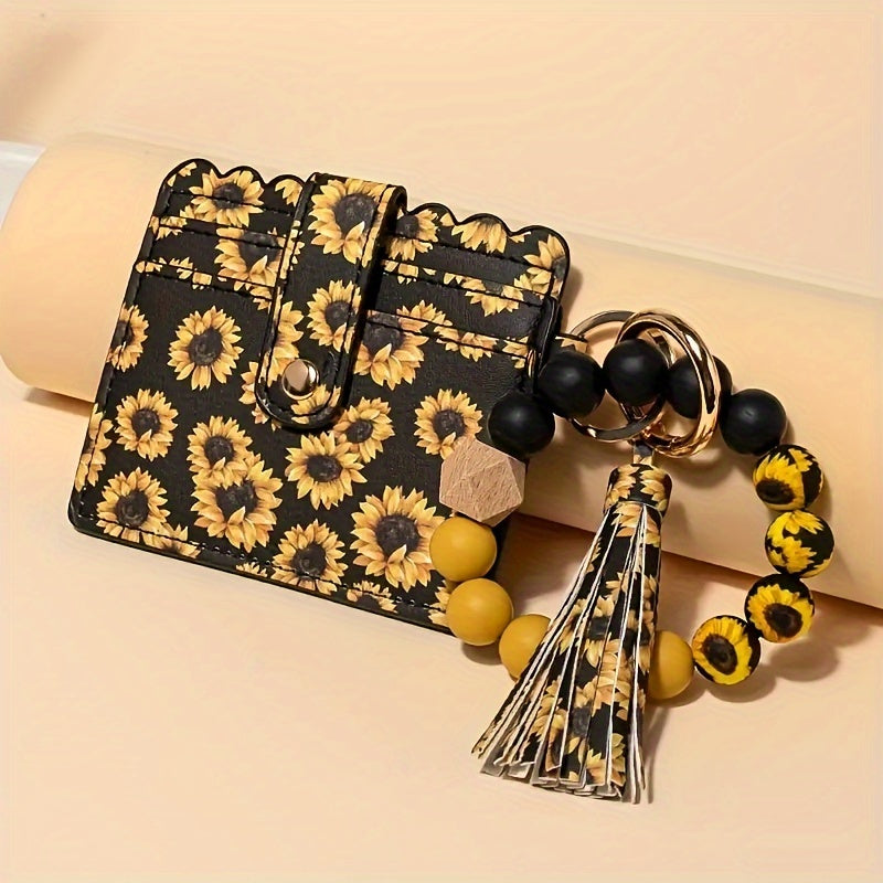 Sunflower PU Tassel Keychain Card Holder Silicone Beaded Bracelet Key Ring - Perfect Gift for Birthdays and Holidays.