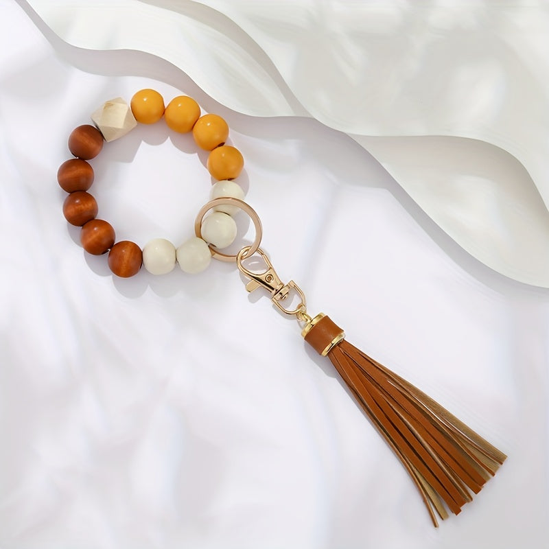 1pc Tassel Decor Beaded Bracelet Keychain Boho Key Ring Purse Handbag Car Charm Earphone Rainbow Pendant, Gift For Mother's Day
