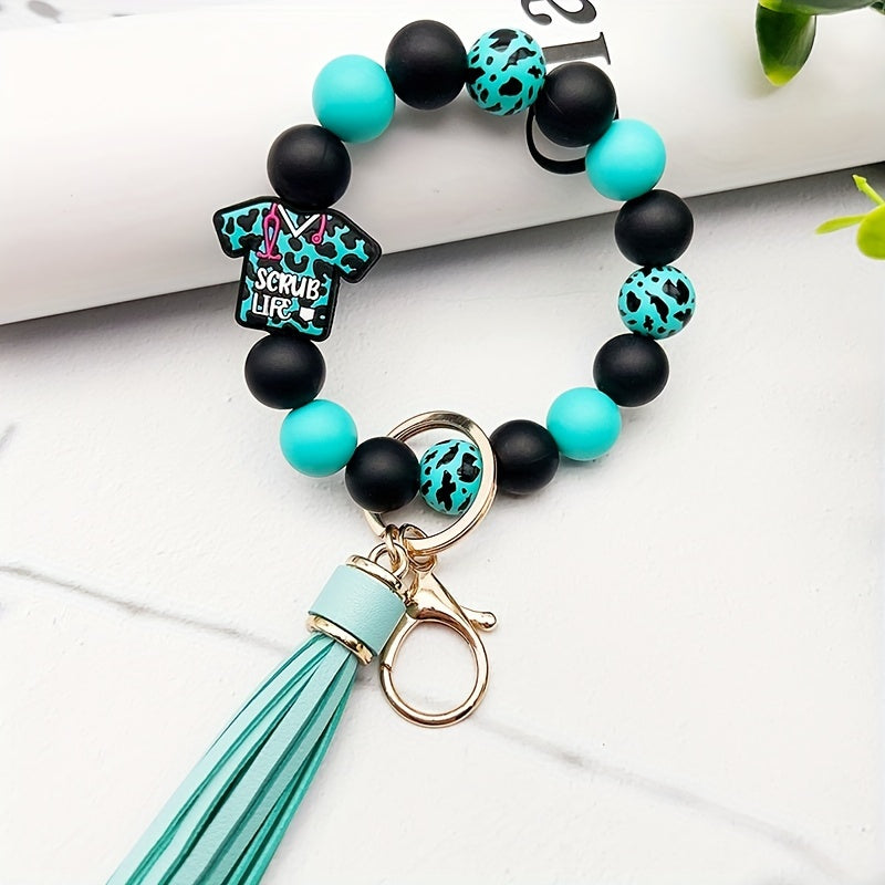 1pc Scrub Life Silicone Beaded Tassel Charm Keychain, Faux Leather Wristlet with Lobster Clasp, Round Beaded Key Ring for Women, Professional Nurse'S Day Gift, Single Piece