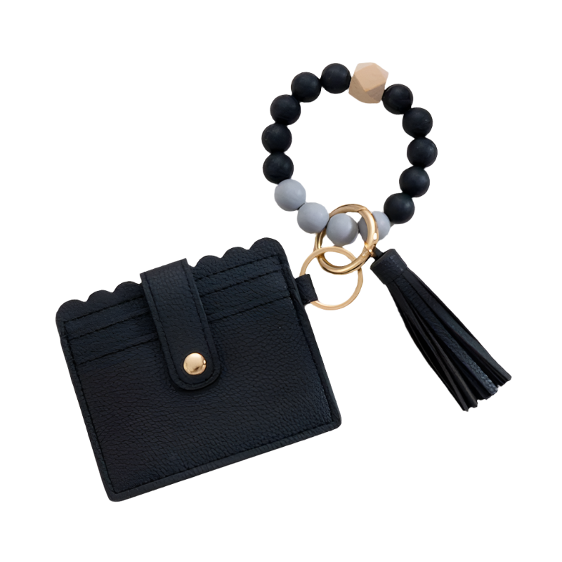 Hemasa Silicone Bead Bracelet Card Holder with PU Tassel Keychain