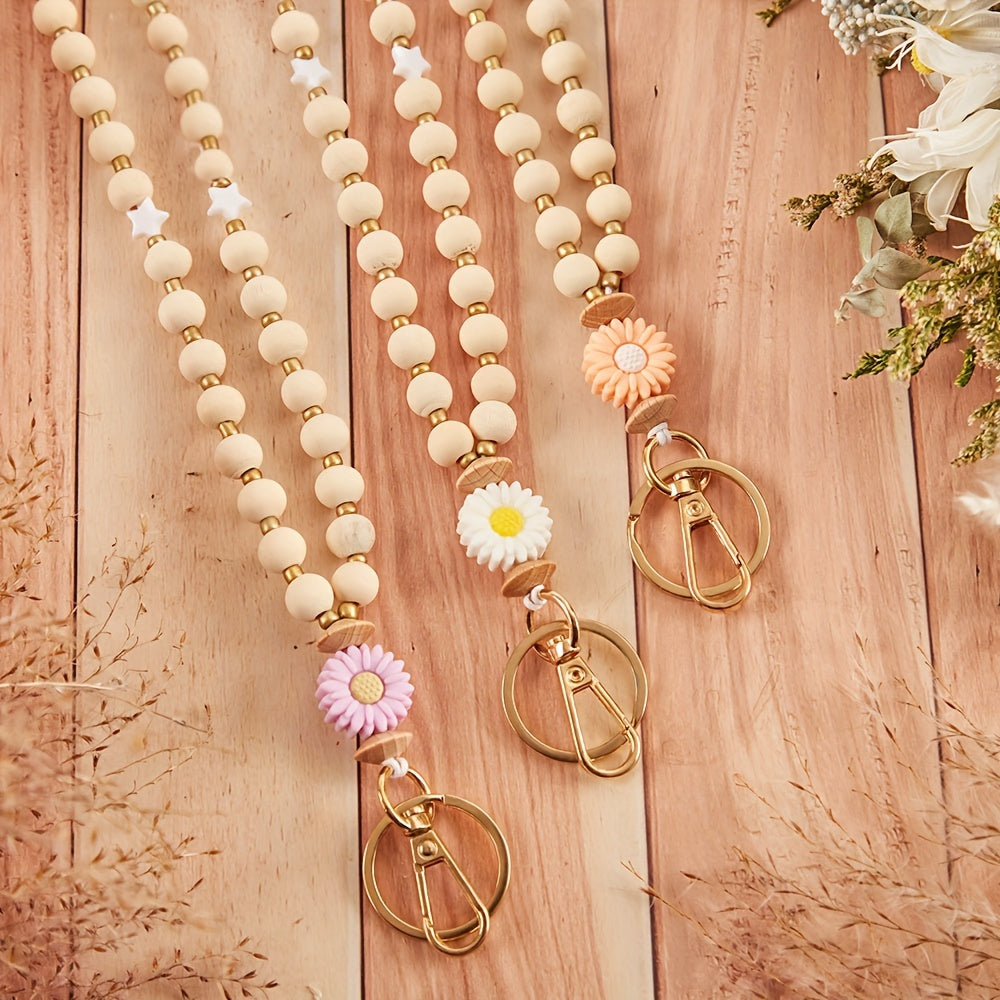 Daisy Flower Beaded Lanyard for ID Badge Holder, Crude Wood Bead Lanyard with Breakaway Clasp, Teacher Keychain, Nurse Gift, Graduation Present, Simple Floral Bohemian Necklace for Teachers, 6 Pack