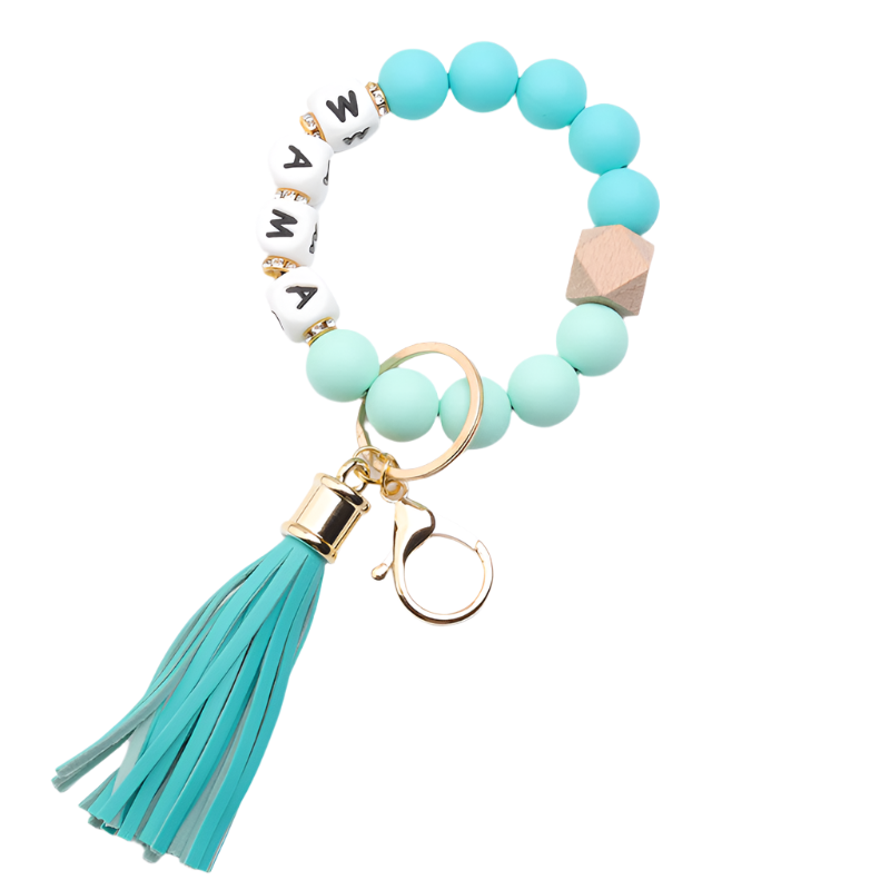 Hemasa MAMA Silicone Beaded Bracelet Keychain Tassel Key Ring/ Purse Bag/ Backpack Car Charm