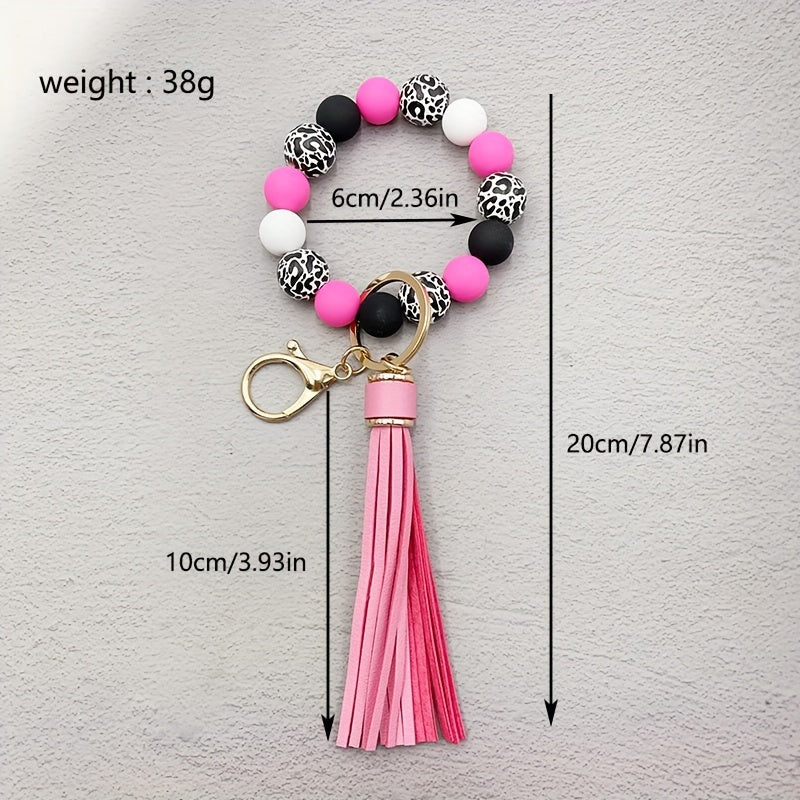 Leopard Silicone Wooden Beaded  Wristlet Keychain With PU Leather Tassel /Fashion Bangle Keychain Bag Charm Phone Lanyard Mother's Day Women Gift