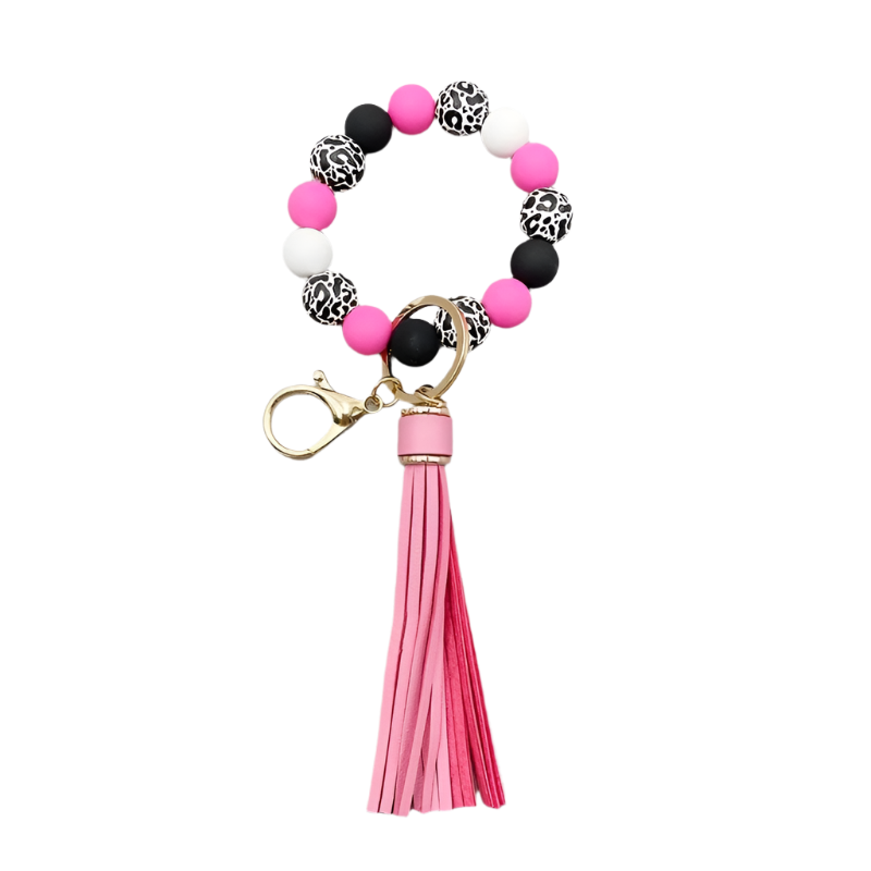 Leopard Silicone Wooden Beaded  Wristlet Keychain With PU Leather Tassel /Fashion Bangle Keychain Bag Charm Phone Lanyard Mother's Day Women Gift