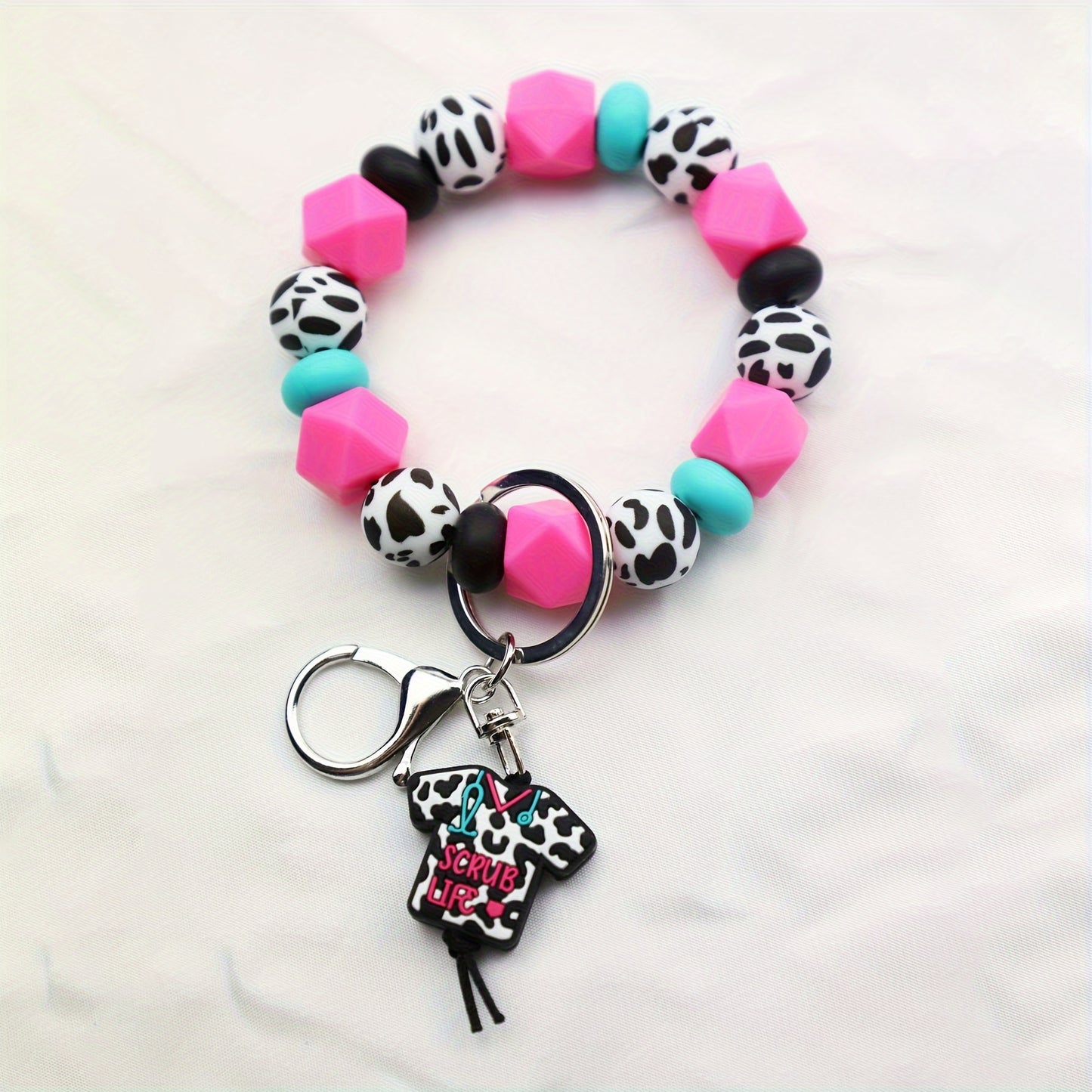 "Nurse Scrub Life" Silicone Bead Bracelet with Keyring and Nurse Uniform Charm - Perfect Gift for Nurse's Day
