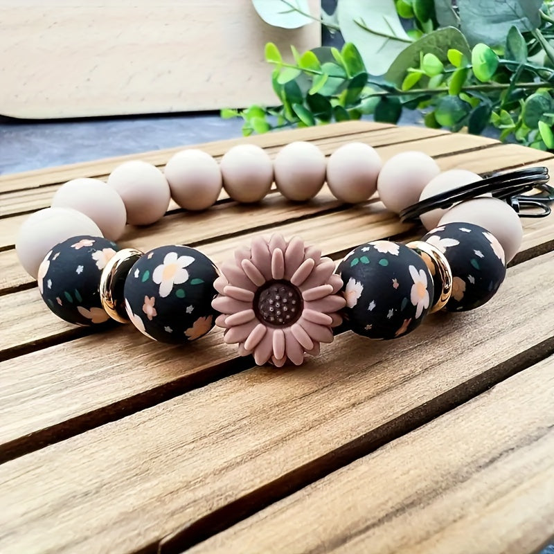 Bohemian Silicone Beaded Keychain, Sunflower And Daisy Print - Plant Theme Keychain with Lobster Clasp Women'S Bracelet Wristband Keychain Bag Pendant Keychain, a Great Gift for Friends