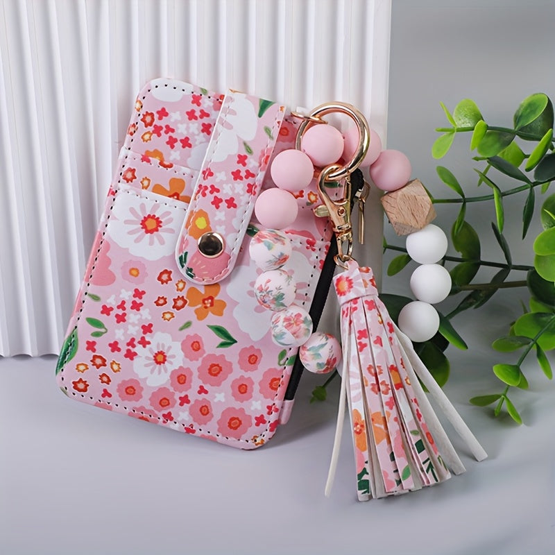 Chic Floral Print Faux Leather Wallet with Beaded Wristlet & Tassel Keychain - Silicone Bracelet Card Holder, Perfect Gift for Women