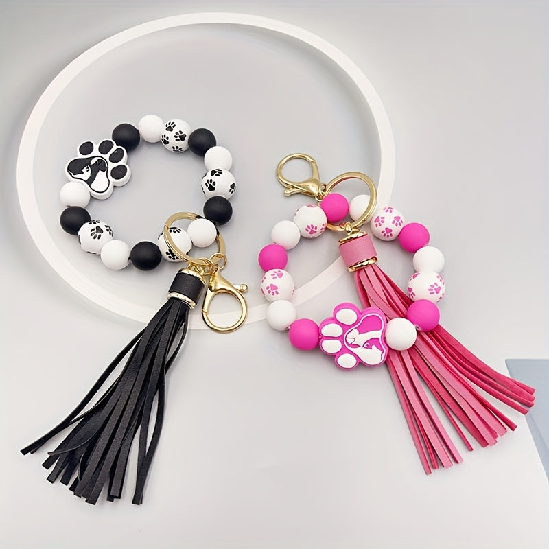 1pc Silicone Dog Footprint Keychain Color Block Beaded Bracelet Keyring Cute Wristlet Tassel Car Key Ring For Women daily use