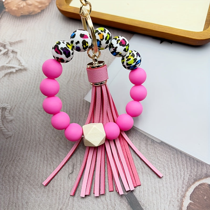 1pc Color Block Silicone Beaded Bracelet Wristlet Keychain Fashion Bag Charm Phone Lanyard Bangle Key Chain Women daily use Gift