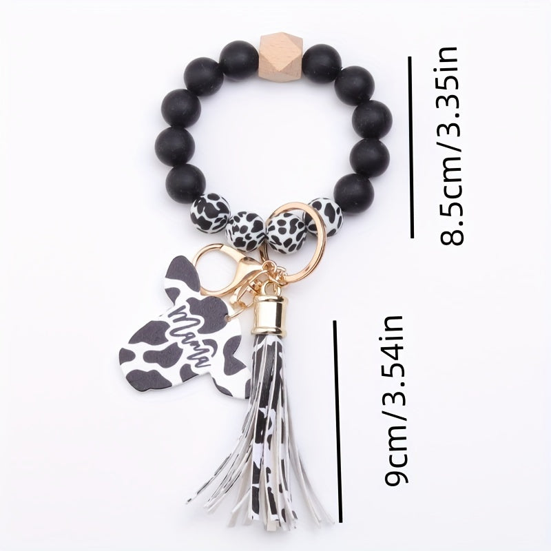 Hemasa Cow Head MAMA Silicone Beaded Bracelet Wristlet Keychain With Western Bangle Keychain