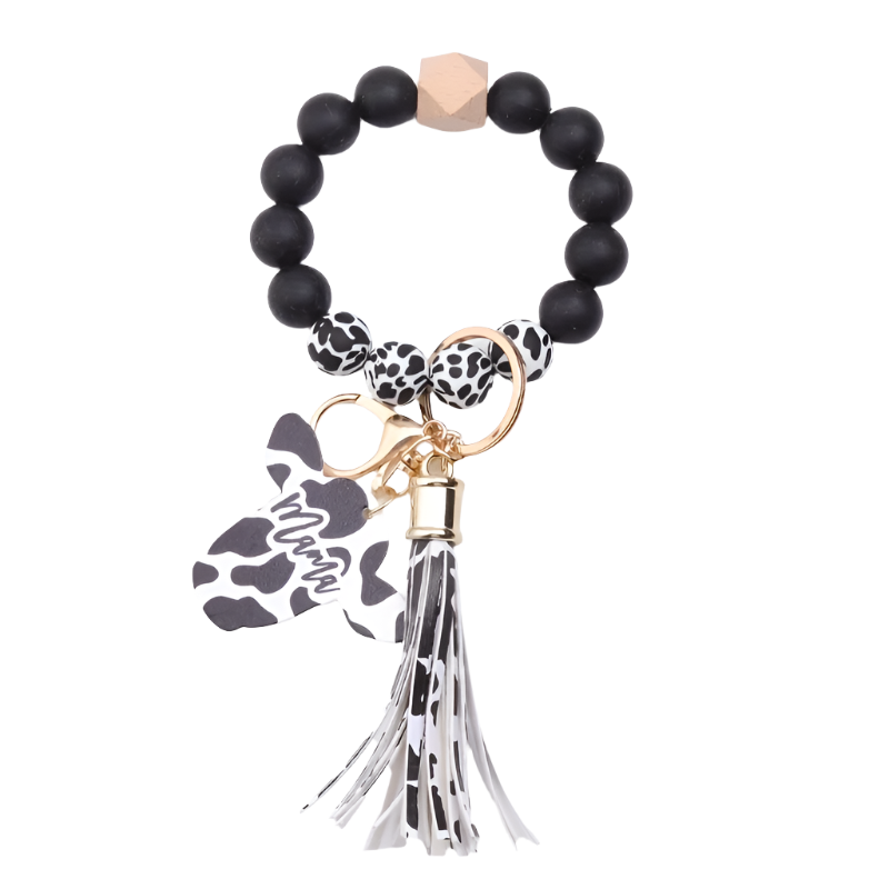 Hemasa Cow Head MAMA Silicone Beaded Bracelet Wristlet Keychain With Western Bangle Keychain