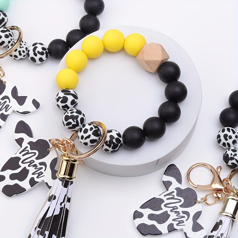 Hemasa Cow Head MAMA Silicone Beaded Bracelet Wristlet Keychain With Western Bangle Keychain