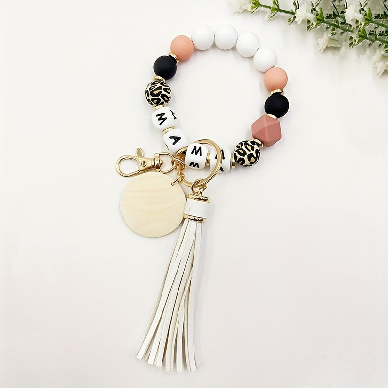 1pc Stylish MAMA Silicone Beaded Wristlet - Adjustable Phone Lanyard Keychain with Tassel Bag Charm - Perfect Daily Accessory for Women, Mother's Day Gift Idea
