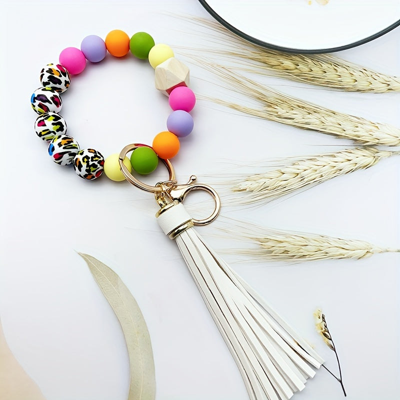 Festive Leopard Print Beaded Bracelet Keychain with Tassel - PU Leather and Silicone Material - Perfect for Halloween - Women's Fashion Accessory