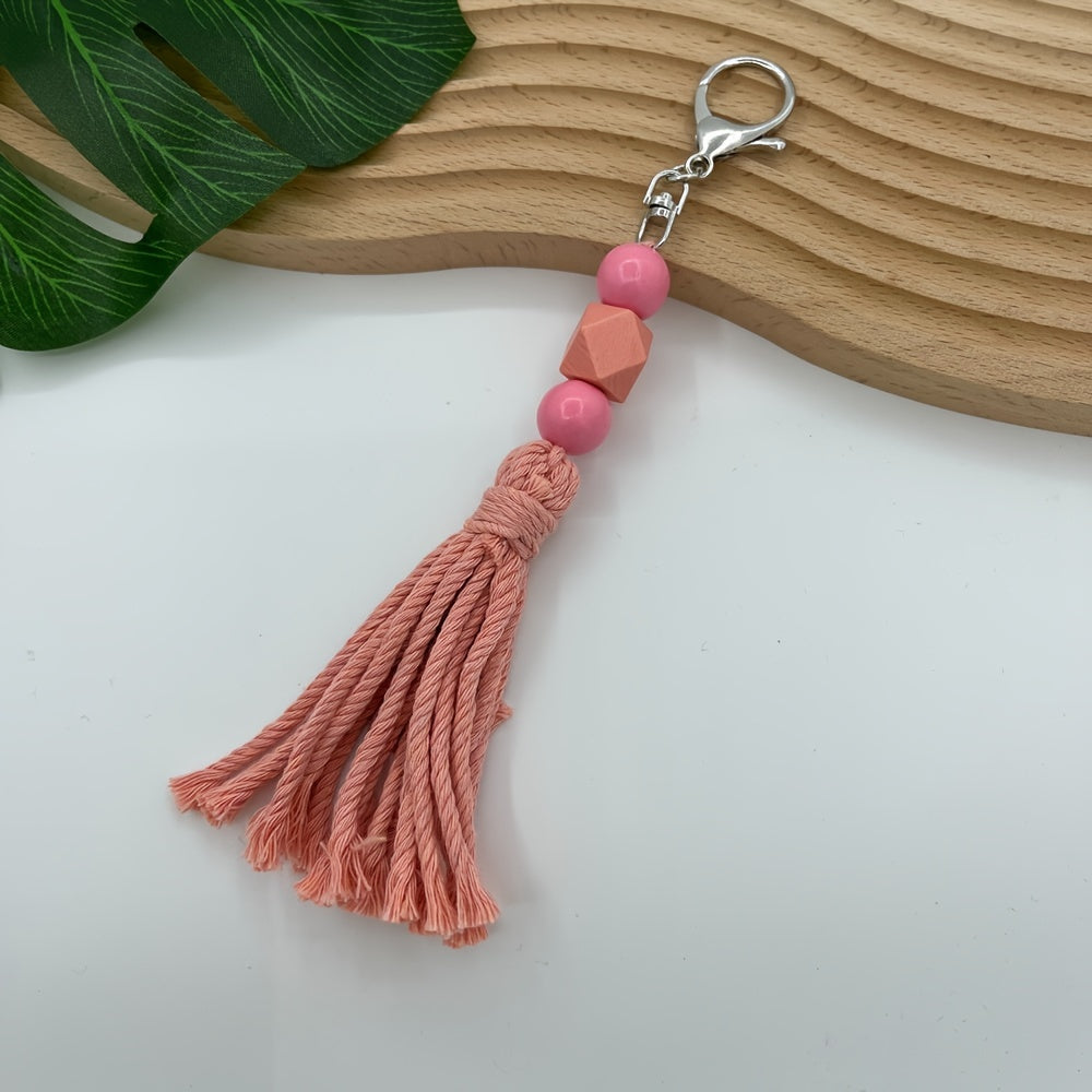 Handcrafted Cotton Tassel Keychain, Boho Chic Pastel Wooden Bead Pendant, Multicolor Bag Accessory, Rustic Charm For Purses & Clothing