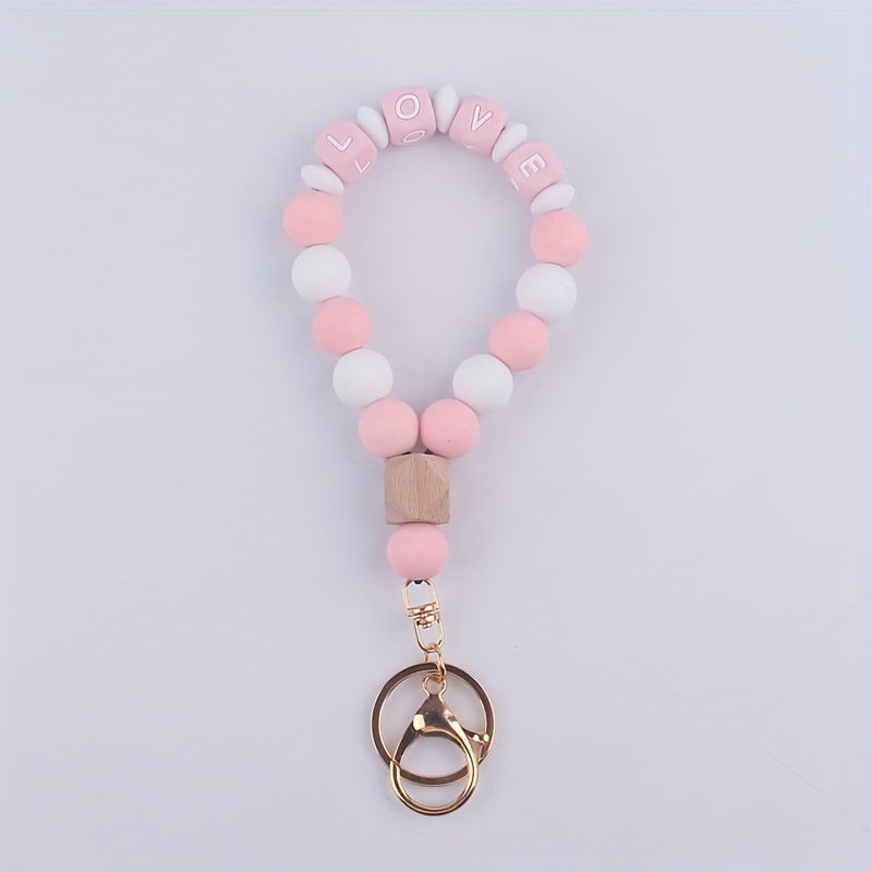 One Pack LOVE Macaron Colorful Keychain Wristband Keychain Elastic Beaded Portable Wristband Bracelet Keychain Car Keychain