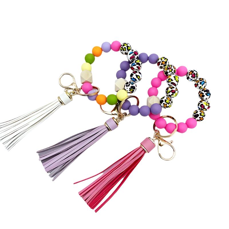 Festive Leopard Print Beaded Bracelet Keychain with Tassel - PU Leather and Silicone Material - Perfect for Halloween - Women's Fashion Accessory